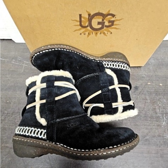 UGG Black Cove Suede Ankle Booties with Shearling Trim - Picture 3 of 7